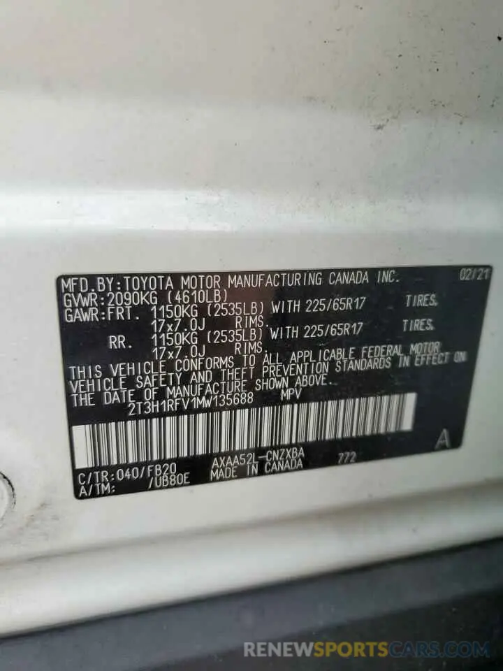 13 Фотография поврежденного автомобиля 2T3H1RFV1MW135688 TOYOTA RAV4 2021