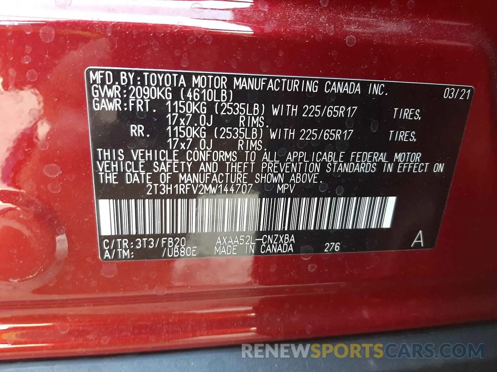 10 Photograph of a damaged car 2T3H1RFV2MW144707 TOYOTA RAV4 2021