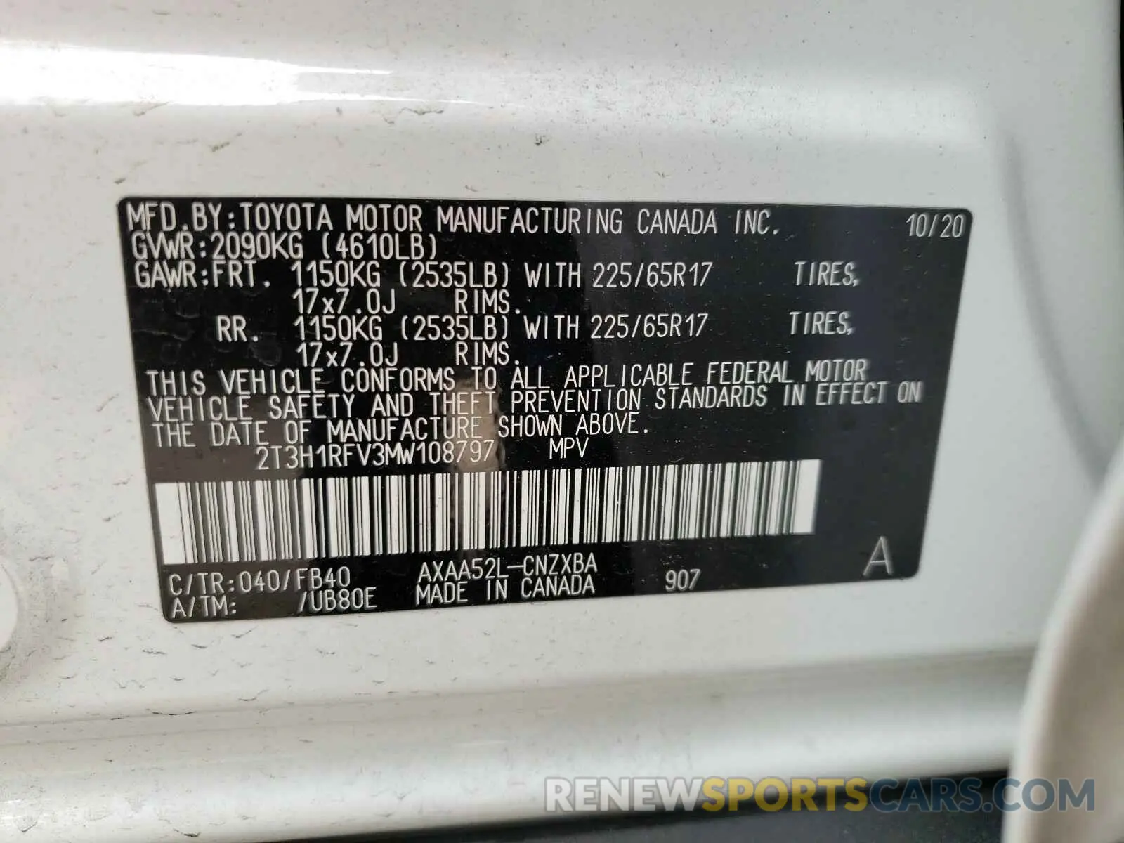 10 Photograph of a damaged car 2T3H1RFV3MW108797 TOYOTA RAV4 2021