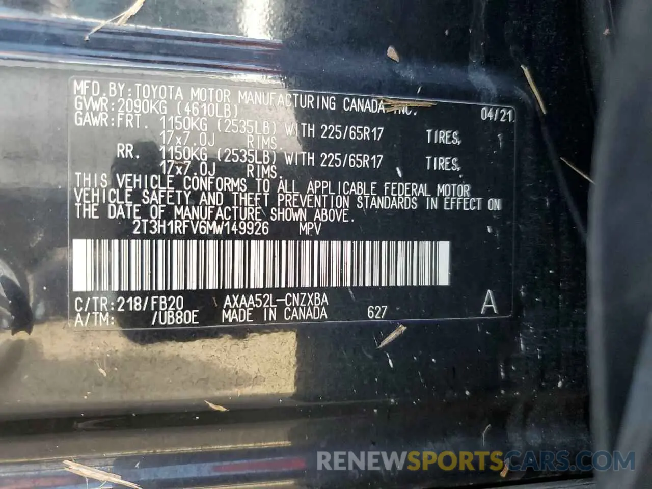 14 Photograph of a damaged car 2T3H1RFV6MW149926 TOYOTA RAV4 2021