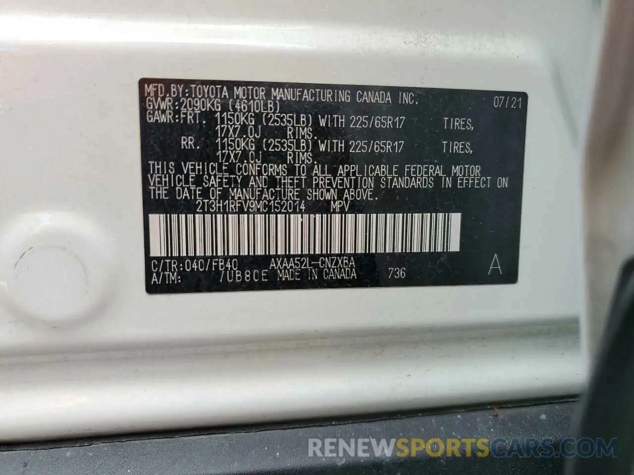 13 Photograph of a damaged car 2T3H1RFV9MC152014 TOYOTA RAV4 2021