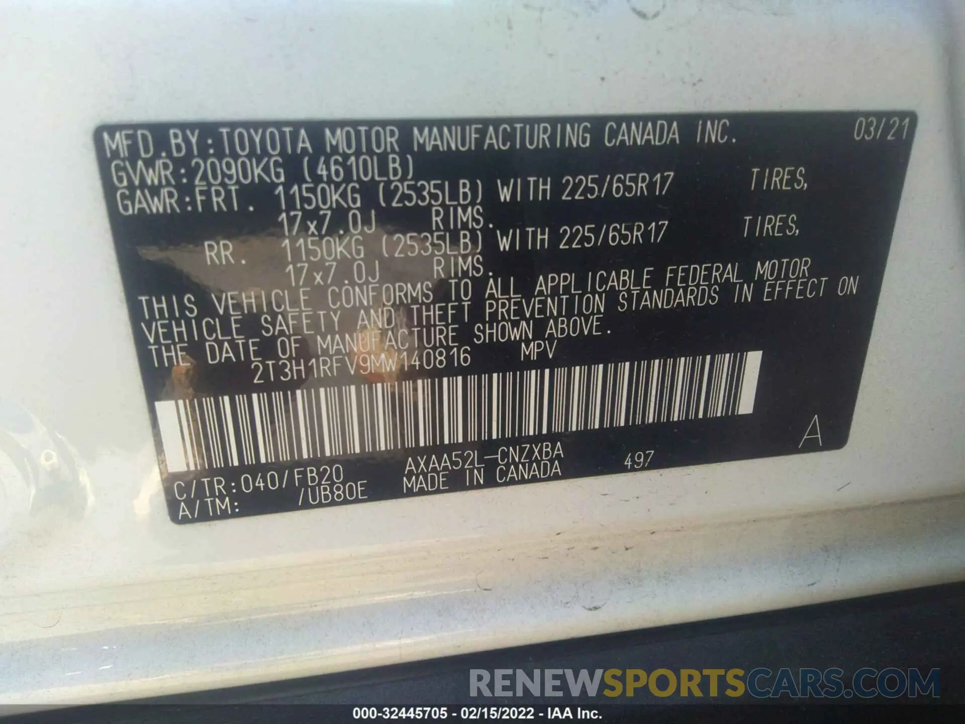 9 Photograph of a damaged car 2T3H1RFV9MW140816 TOYOTA RAV4 2021