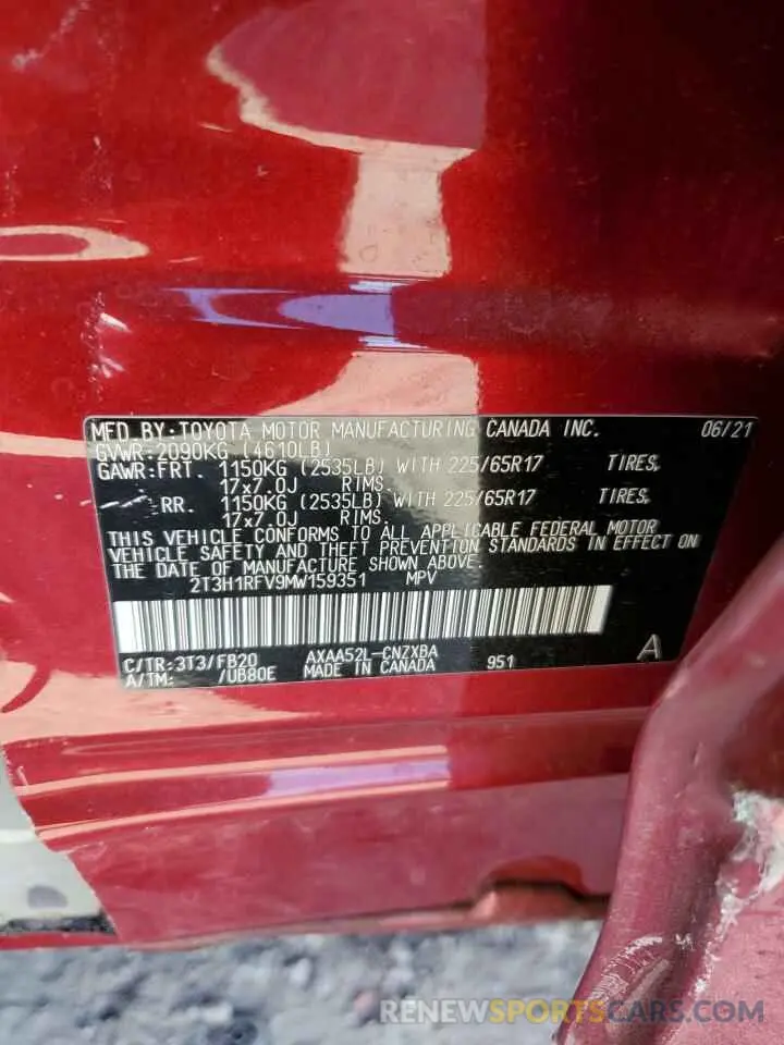 14 Фотография поврежденного автомобиля 2T3H1RFV9MW159351 TOYOTA RAV4 2021