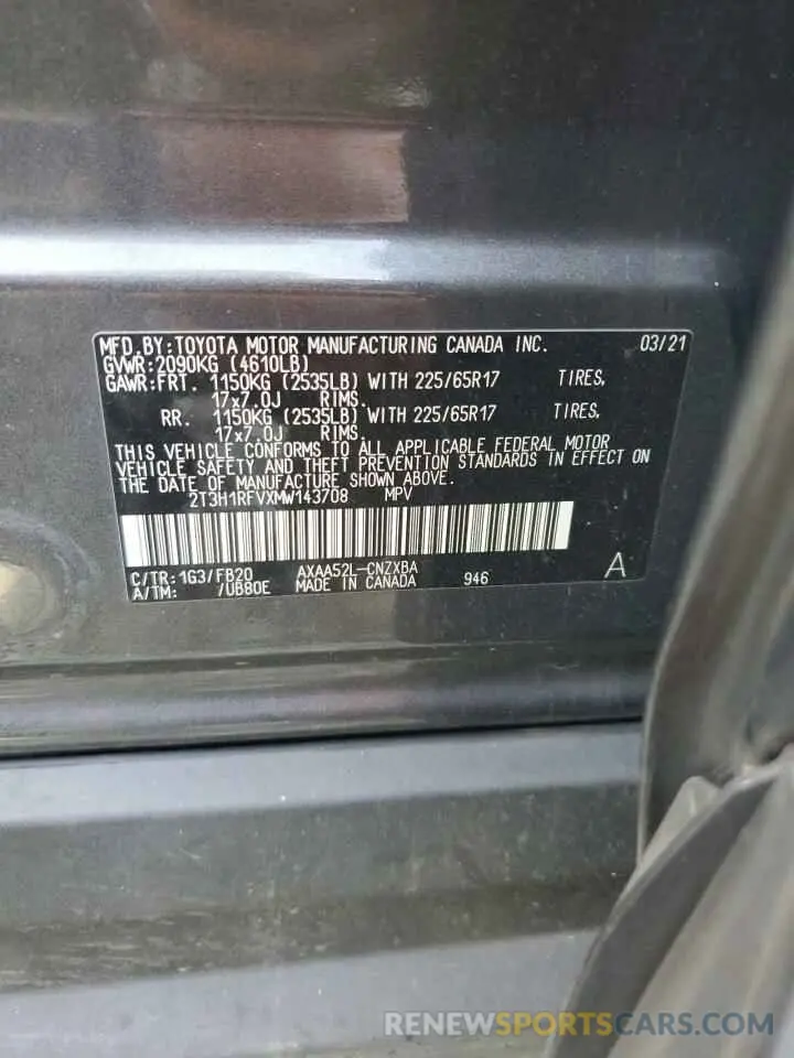 13 Photograph of a damaged car 2T3H1RFVXMW143708 TOYOTA RAV4 2021