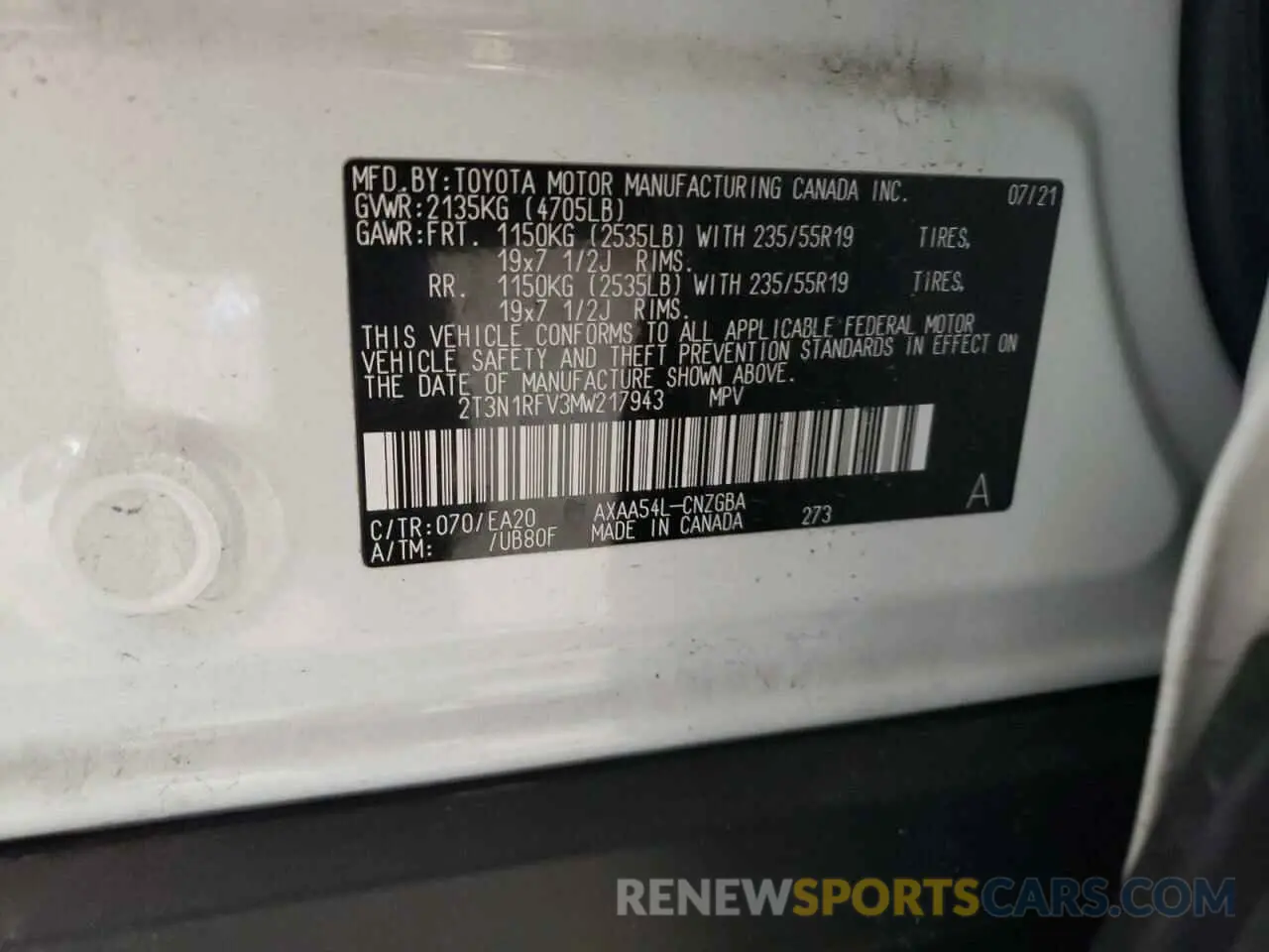 12 Photograph of a damaged car 2T3N1RFV3MW217943 TOYOTA RAV4 2021