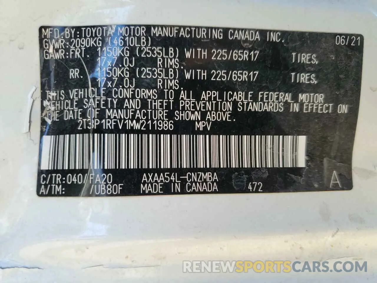 13 Фотография поврежденного автомобиля 2T3P1RFV1MW211986 TOYOTA RAV4 2021