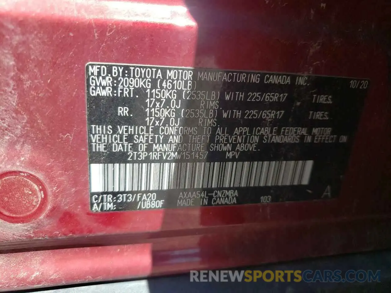 10 Фотография поврежденного автомобиля 2T3P1RFV2MW151457 TOYOTA RAV4 2021