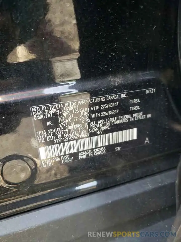 10 Photograph of a damaged car 2T3P1RFV2MW219661 TOYOTA RAV4 2021