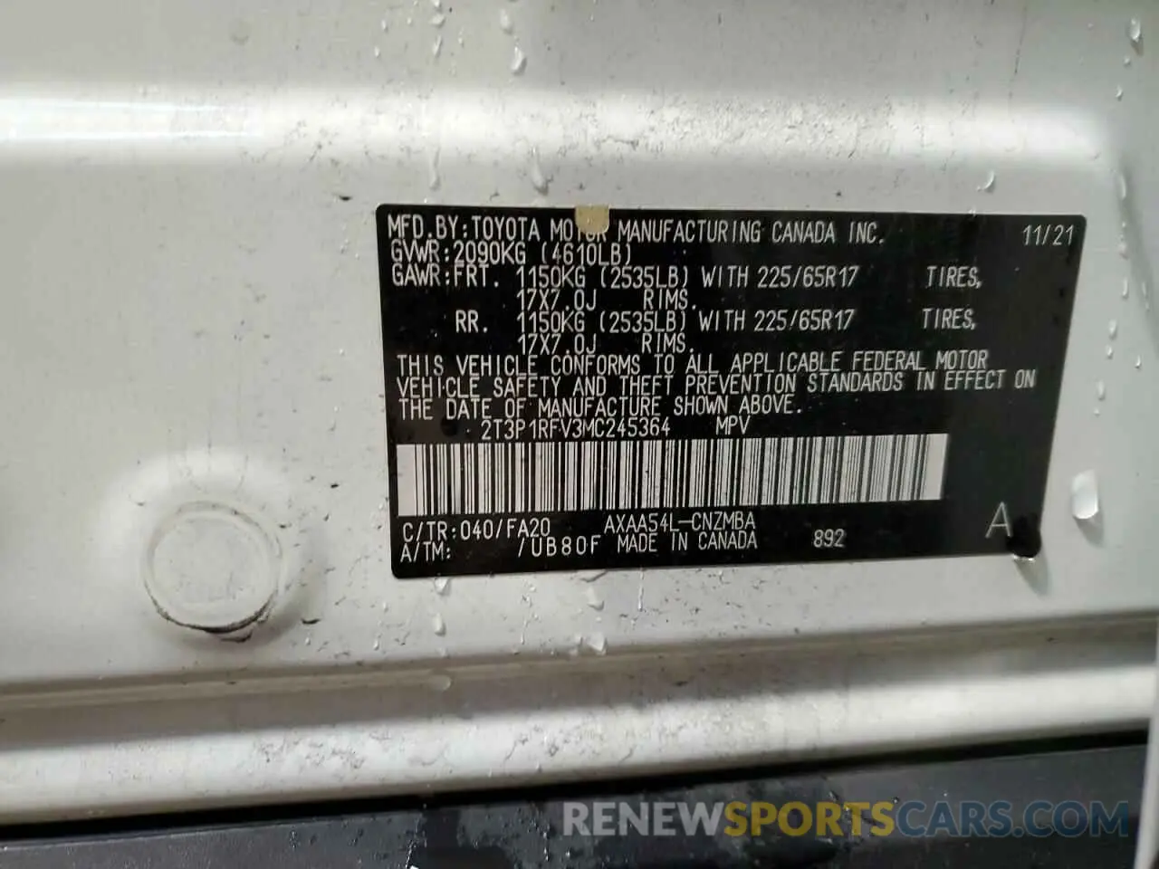 13 Фотография поврежденного автомобиля 2T3P1RFV3MC245364 TOYOTA RAV4 2021