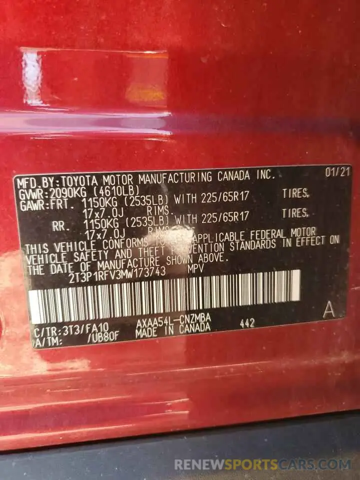 13 Photograph of a damaged car 2T3P1RFV3MW173743 TOYOTA RAV4 2021