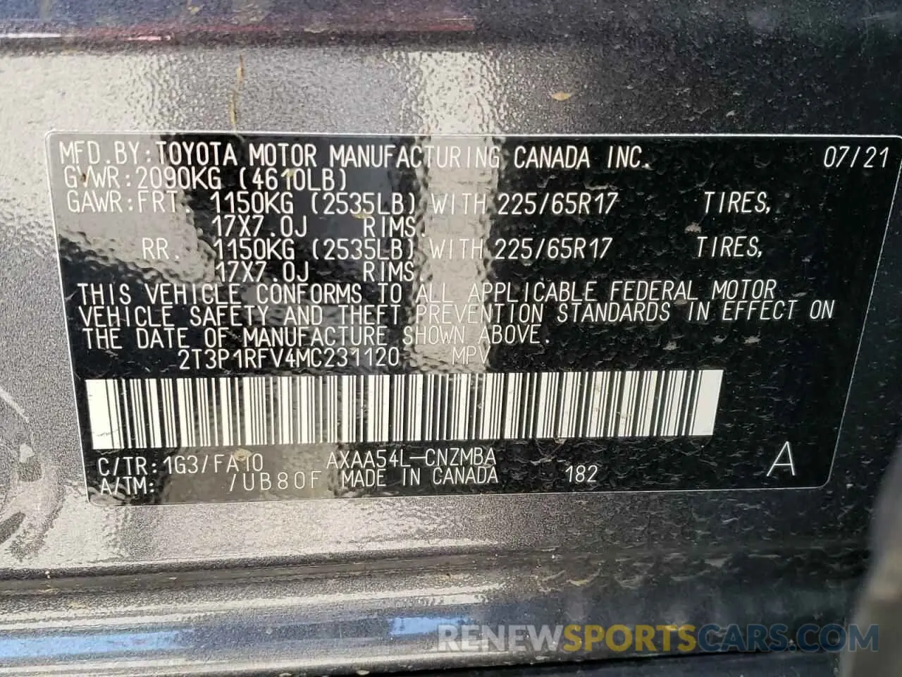 10 Фотография поврежденного автомобиля 2T3P1RFV4MC231120 TOYOTA RAV4 2021