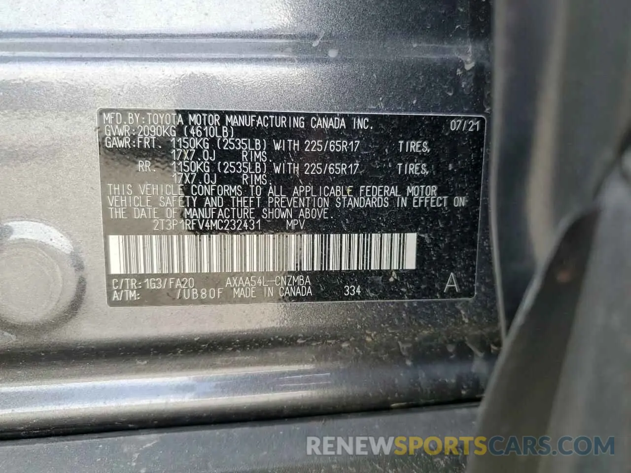 13 Фотография поврежденного автомобиля 2T3P1RFV4MC232431 TOYOTA RAV4 2021