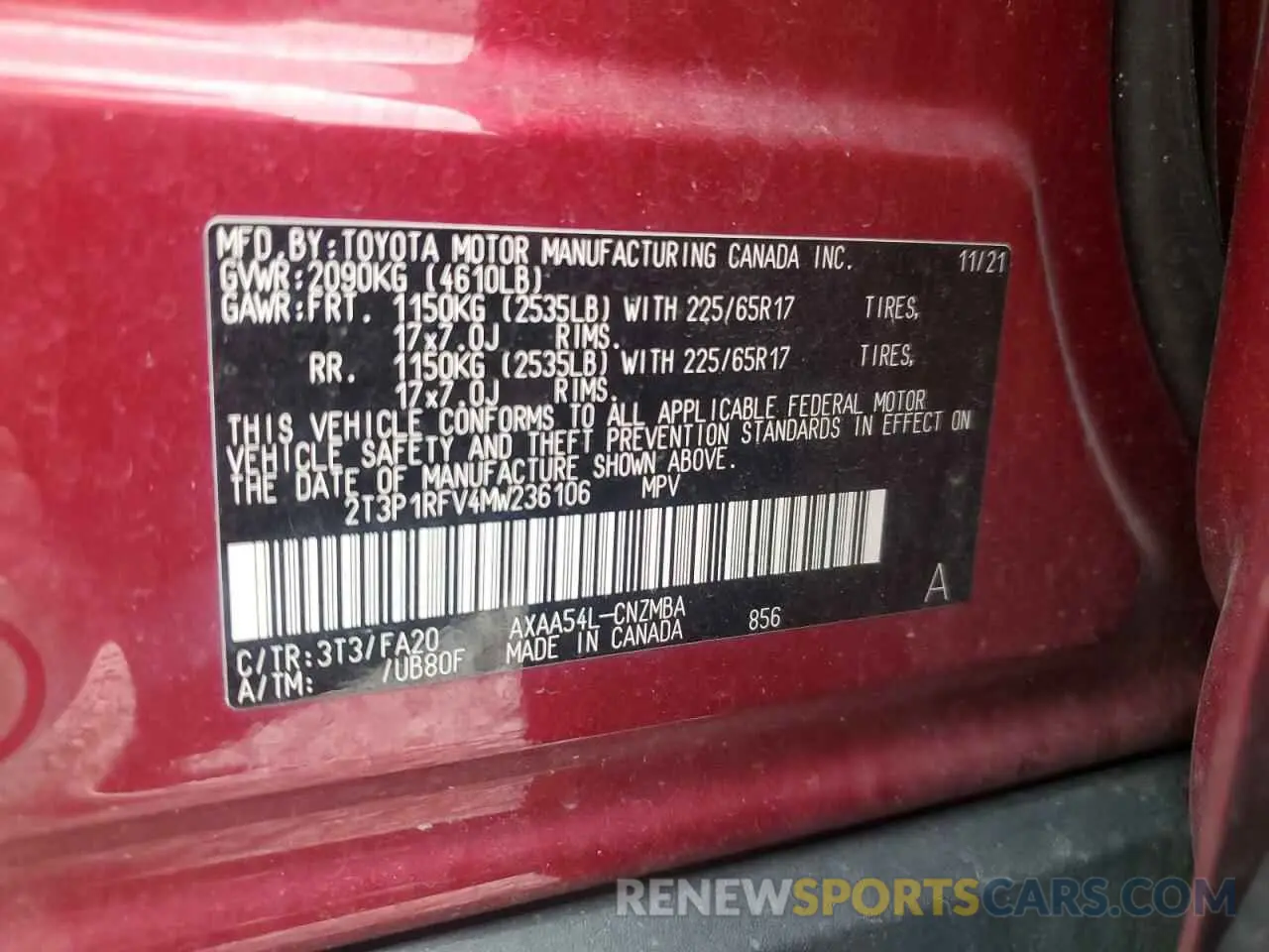 13 Photograph of a damaged car 2T3P1RFV4MW236106 TOYOTA RAV4 2021