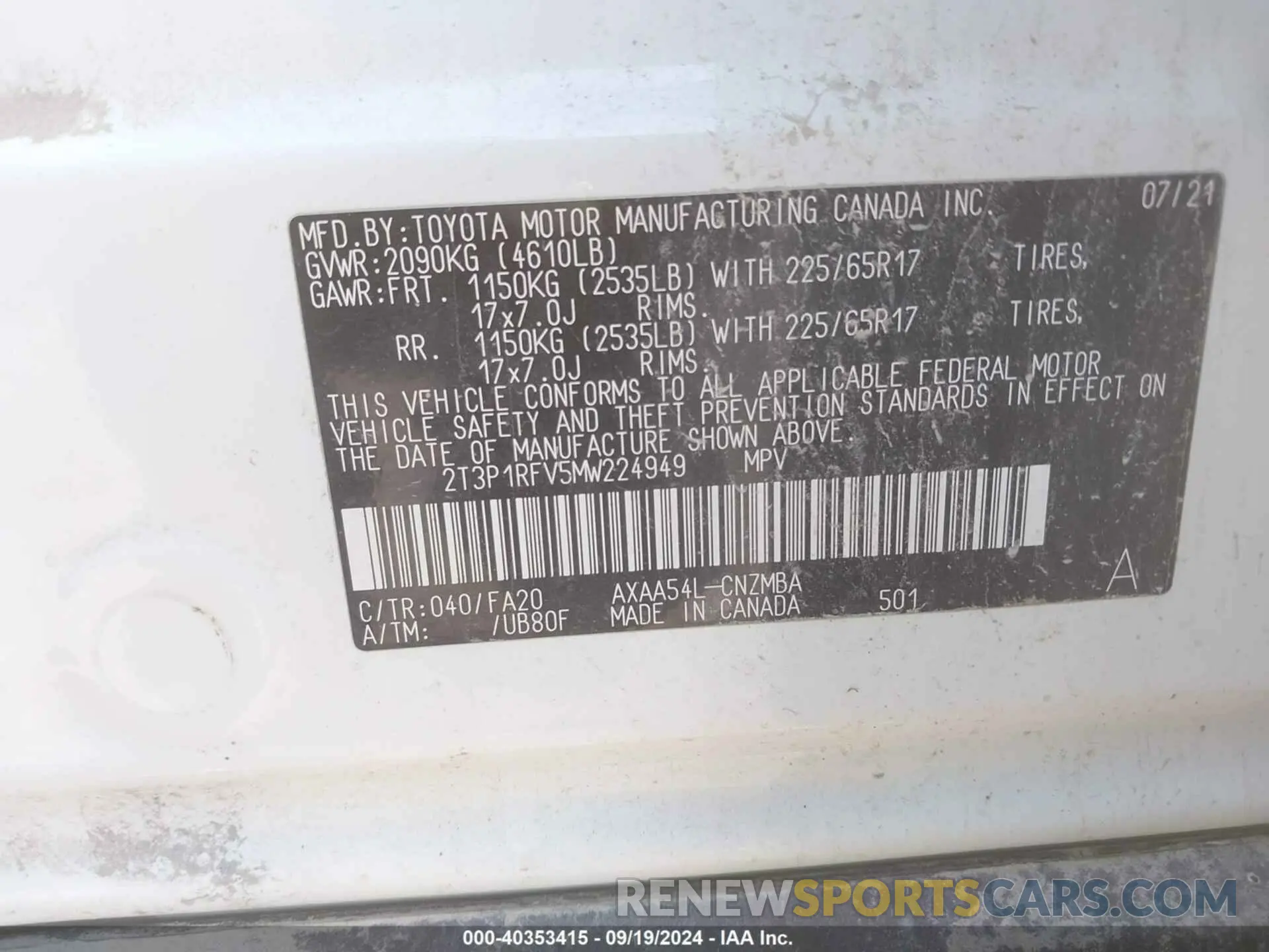 9 Photograph of a damaged car 2T3P1RFV5MW224949 TOYOTA RAV4 2021