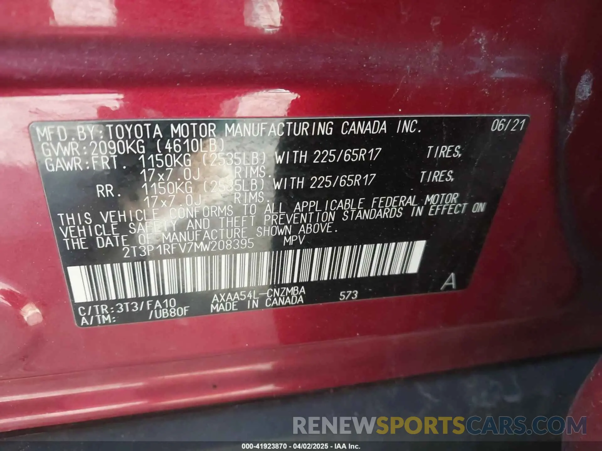 9 Фотография поврежденного автомобиля 2T3P1RFV7MW208395 TOYOTA RAV4 2021