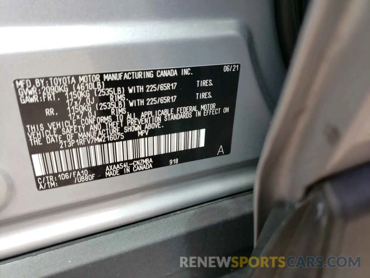10 Photograph of a damaged car 2T3P1RFV7MW216075 TOYOTA RAV4 2021