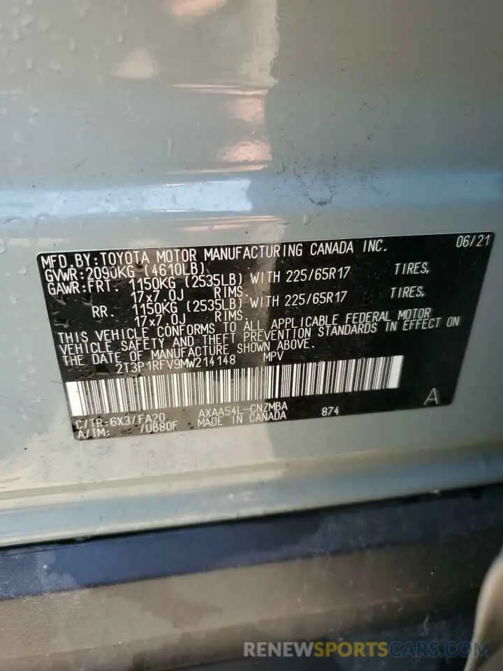 14 Photograph of a damaged car 2T3P1RFV9MW214148 TOYOTA RAV4 2021