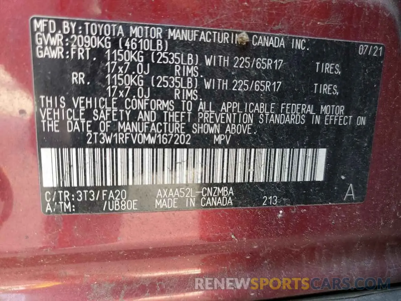 13 Фотография поврежденного автомобиля 2T3W1RFV0MW167202 TOYOTA RAV4 2021