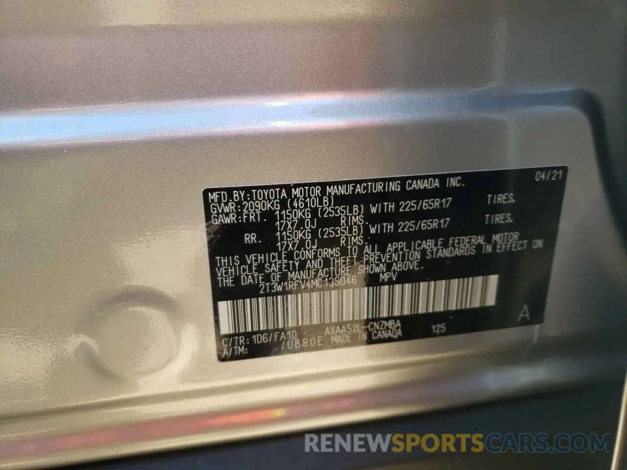 10 Photograph of a damaged car 2T3W1RFV4MC135046 TOYOTA RAV4 2021