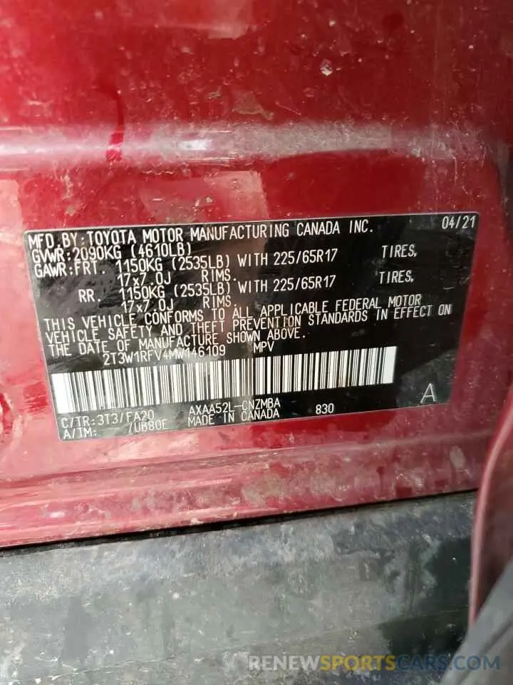 13 Фотография поврежденного автомобиля 2T3W1RFV4MW146109 TOYOTA RAV4 2021