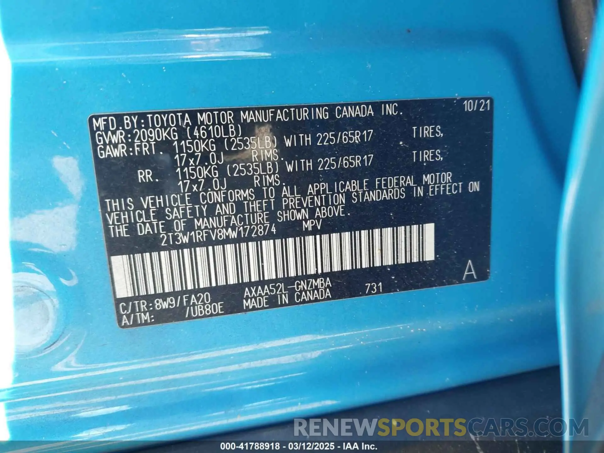 9 Фотография поврежденного автомобиля 2T3W1RFV8MW172874 TOYOTA RAV4 2021