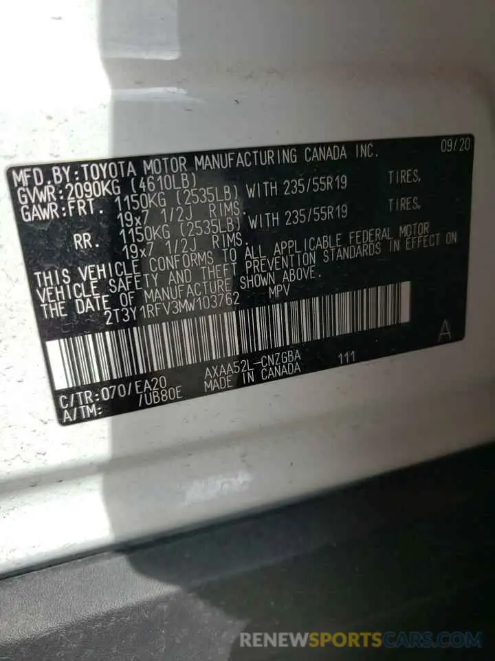10 Фотография поврежденного автомобиля 2T3Y1RFV3MW103762 TOYOTA RAV4 2021
