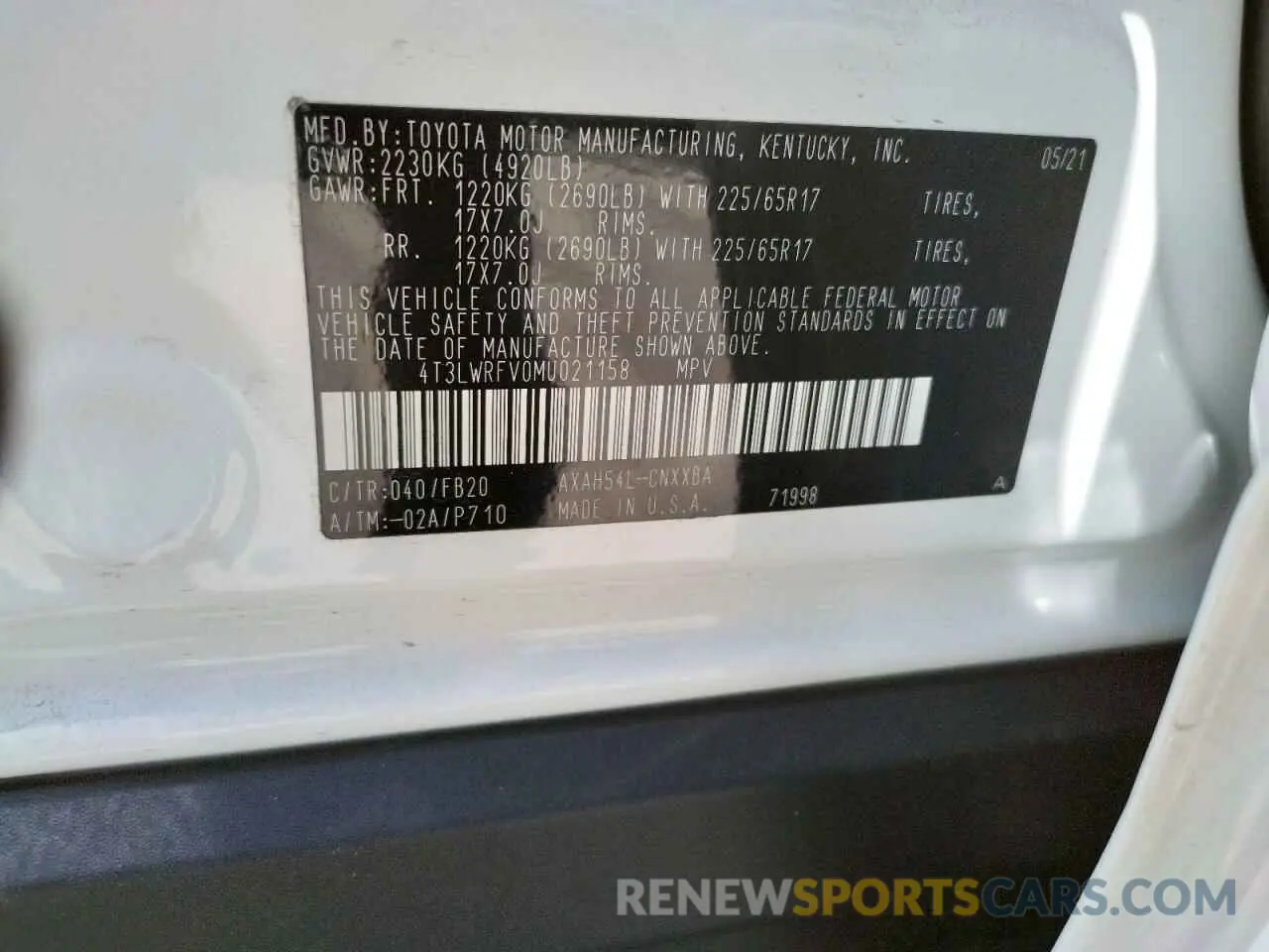 10 Фотография поврежденного автомобиля 4T3LWRFV0MU021158 TOYOTA RAV4 2021