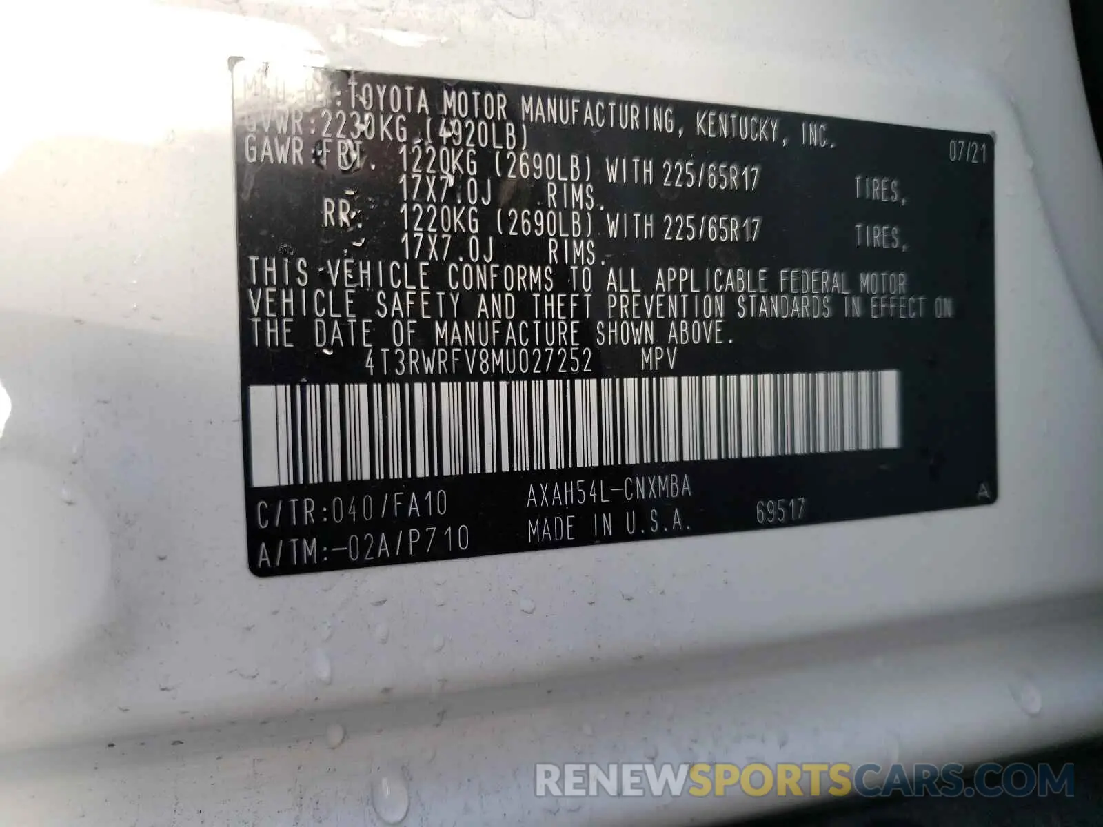 10 Photograph of a damaged car 4T3RWRFV8MU027252 TOYOTA RAV4 2021