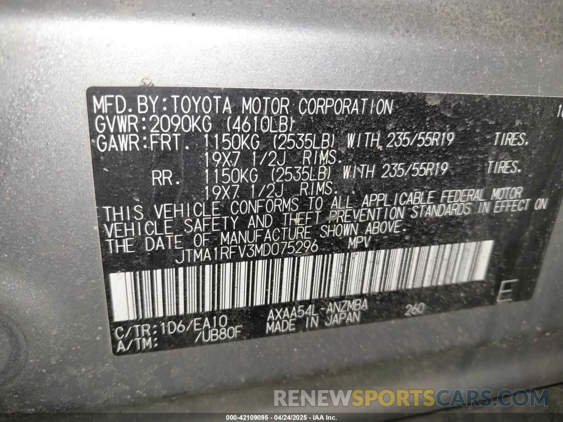 9 Photograph of a damaged car JTMA1RFV3MD075296 TOYOTA RAV4 2021