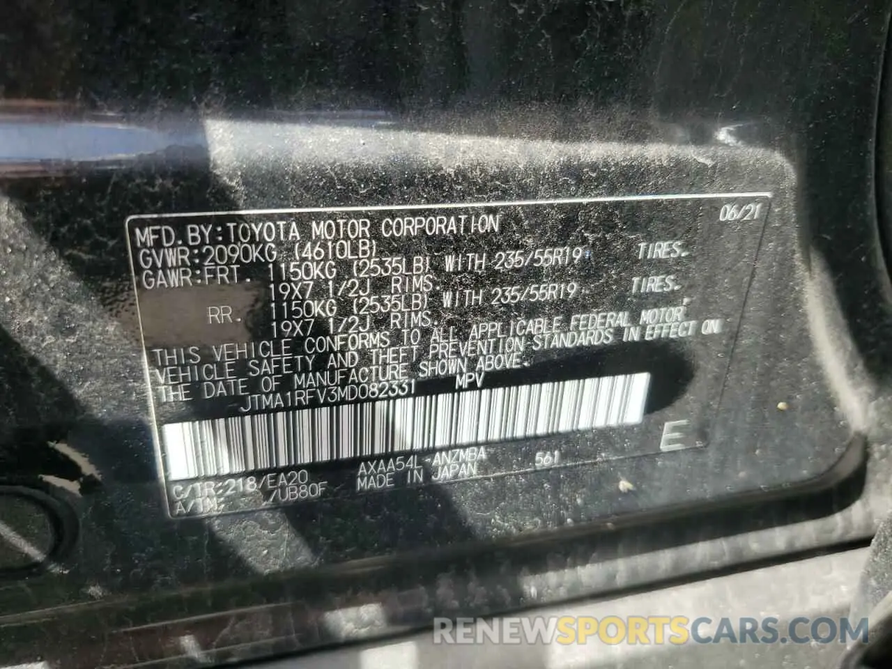 13 Photograph of a damaged car JTMA1RFV3MD082331 TOYOTA RAV4 2021