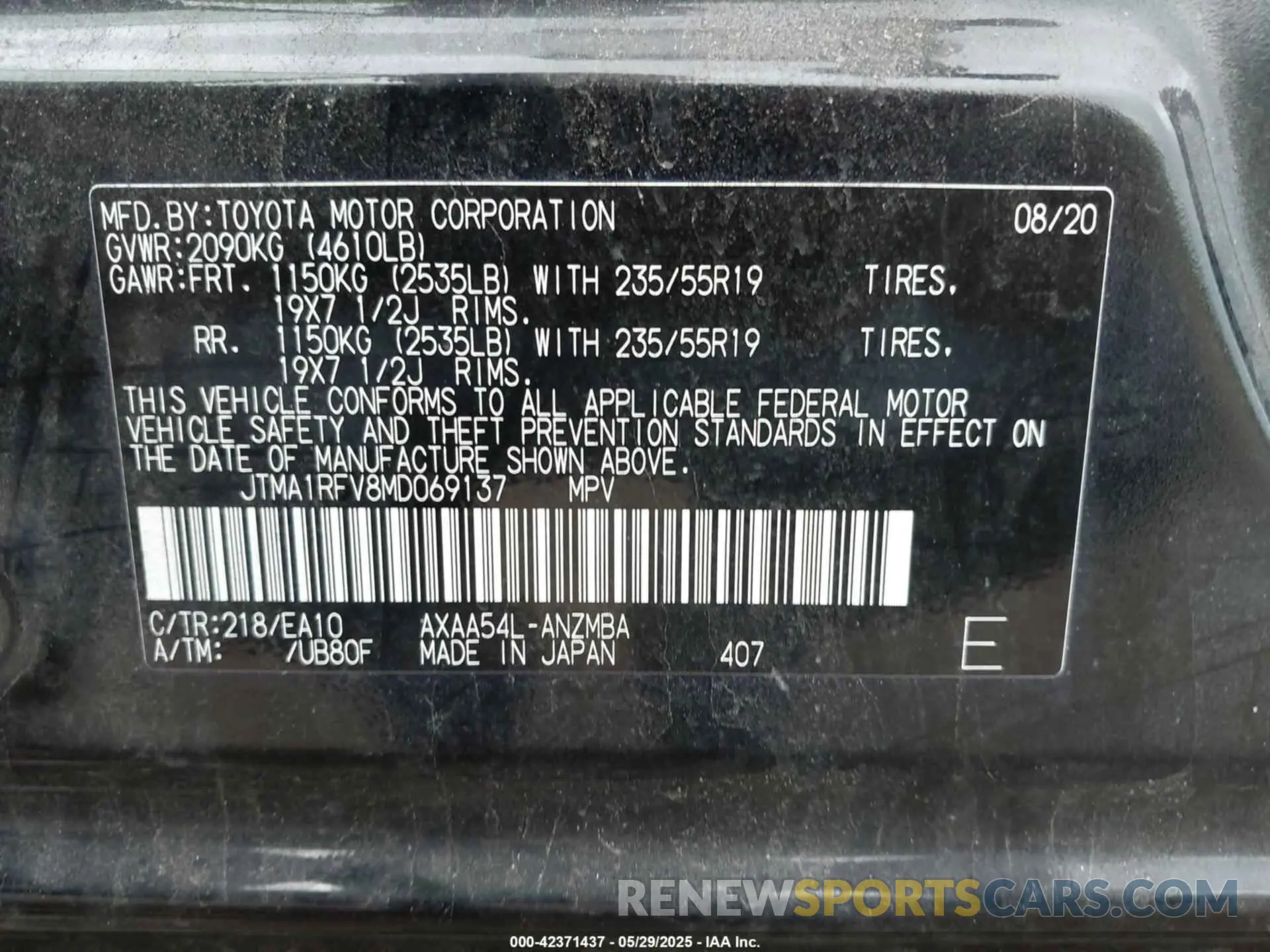 9 Фотография поврежденного автомобиля JTMA1RFV8MD069137 TOYOTA RAV4 2021