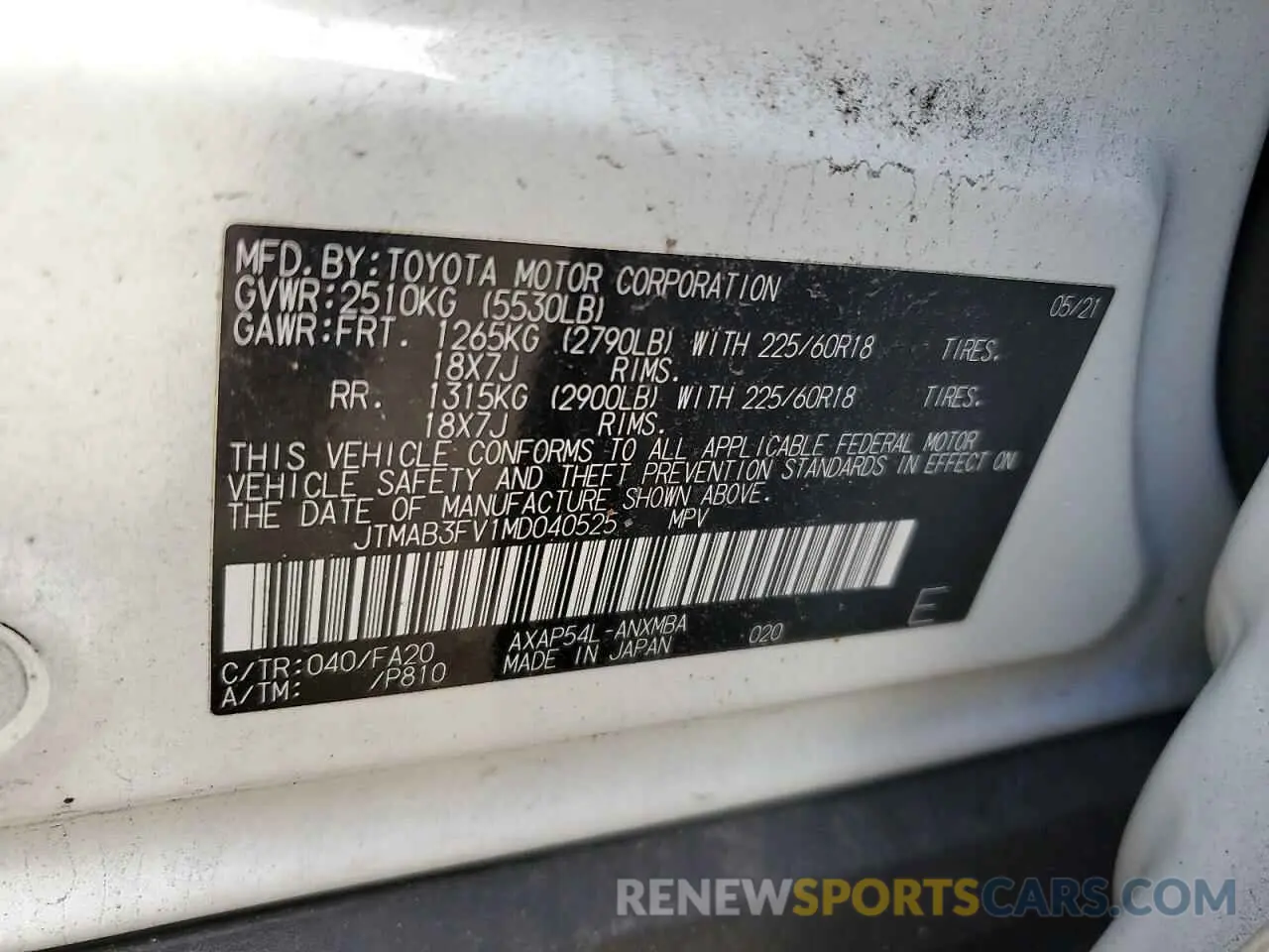 14 Photograph of a damaged car JTMAB3FV1MD040525 TOYOTA RAV4 2021