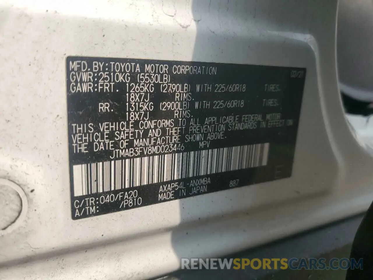 13 Photograph of a damaged car JTMAB3FV8MD023446 TOYOTA RAV4 2021
