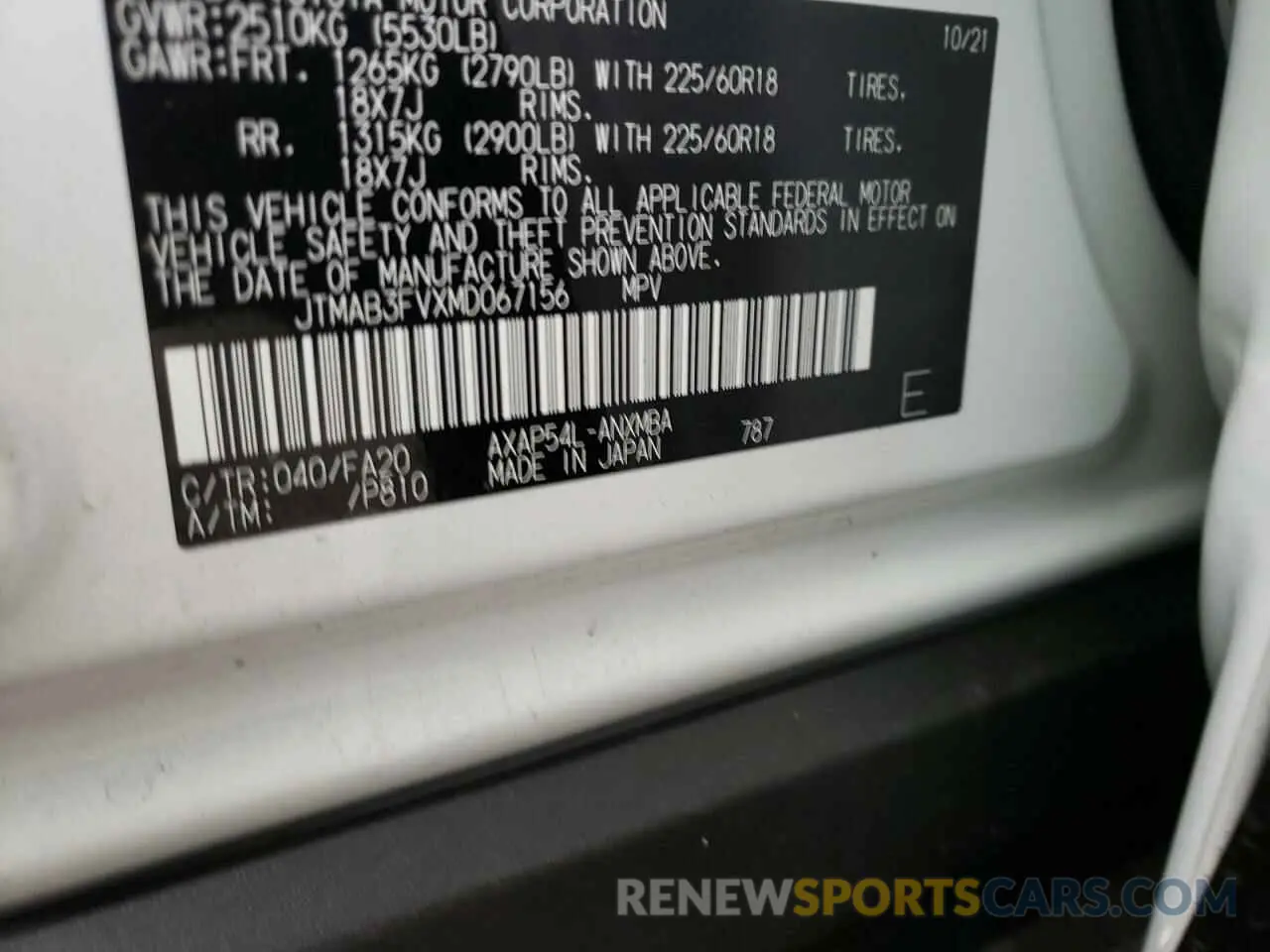 10 Photograph of a damaged car JTMAB3FVXMD067156 TOYOTA RAV4 2021