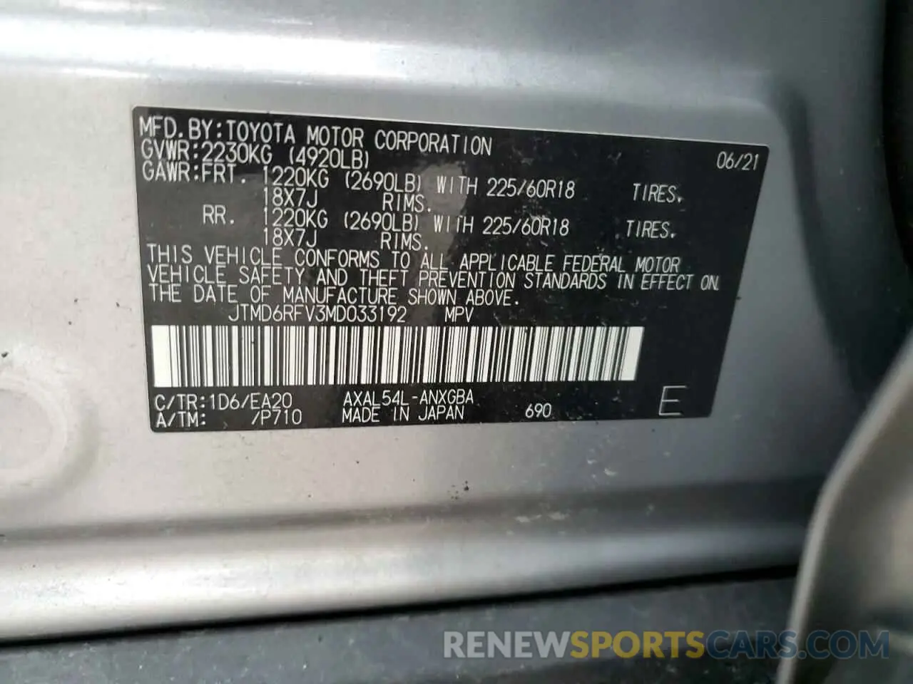 13 Фотография поврежденного автомобиля JTMD6RFV3MD033192 TOYOTA RAV4 2021