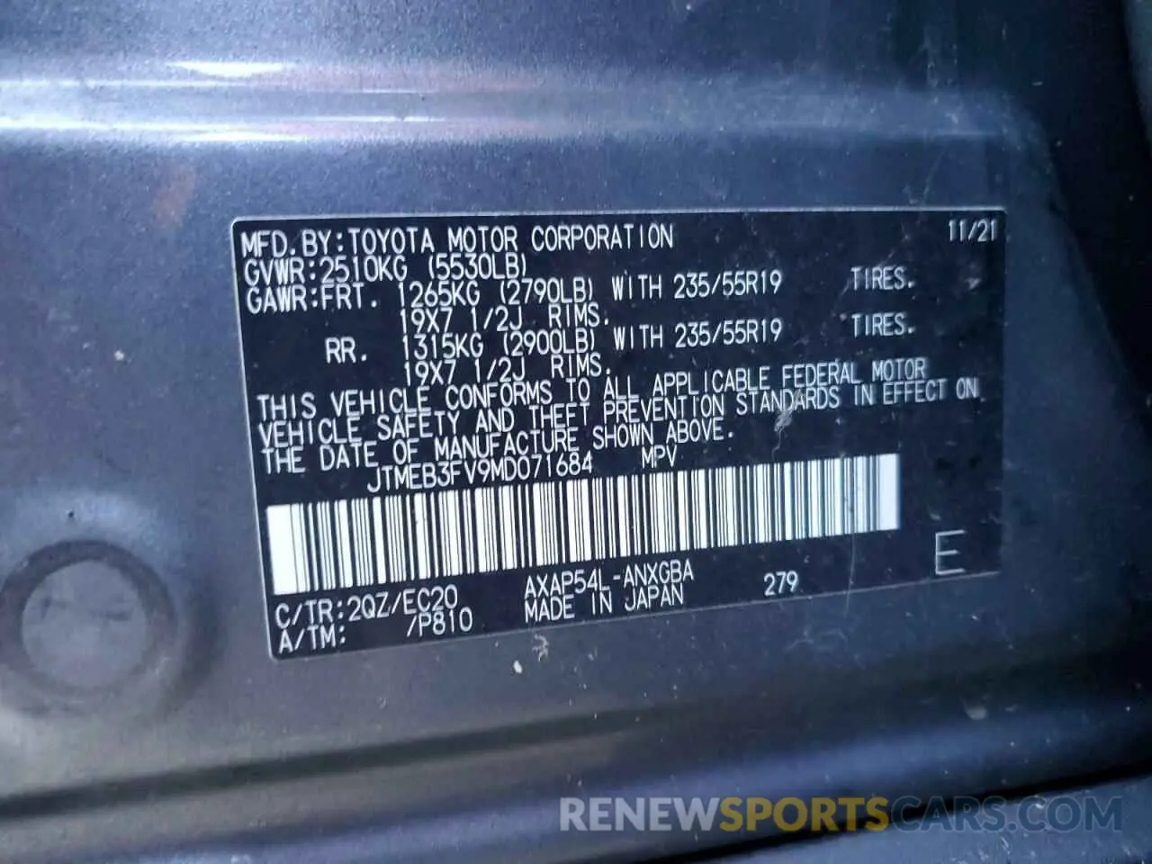 13 Фотография поврежденного автомобиля JTMEB3FV9MD071684 TOYOTA RAV4 2021