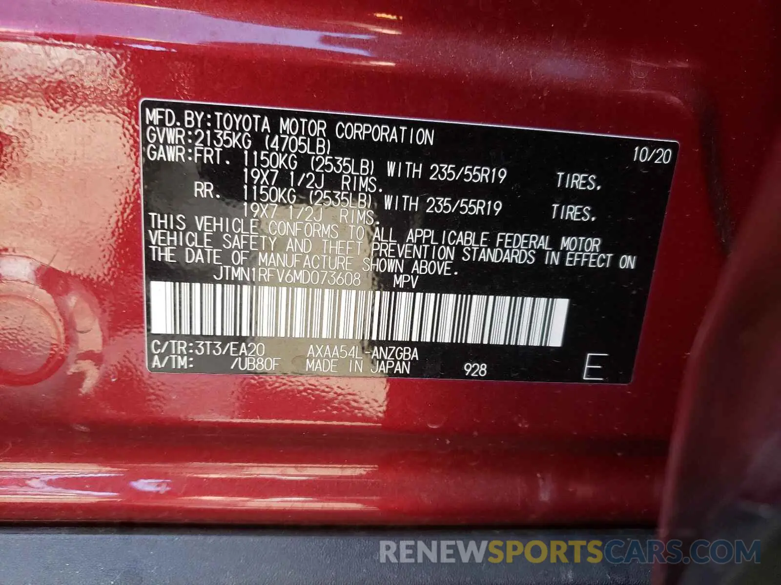 10 Photograph of a damaged car JTMN1RFV6MD073608 TOYOTA RAV4 2021