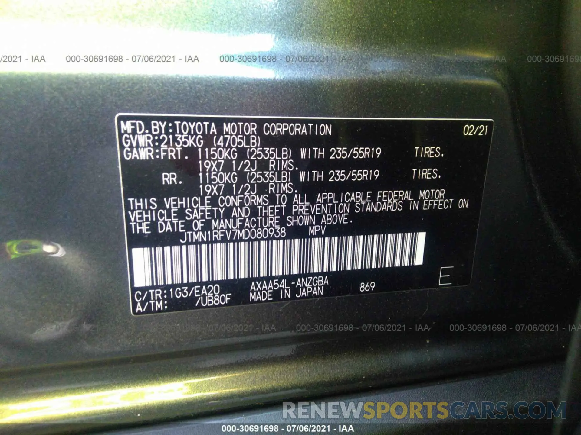 9 Photograph of a damaged car JTMN1RFV7MD080938 TOYOTA RAV4 2021