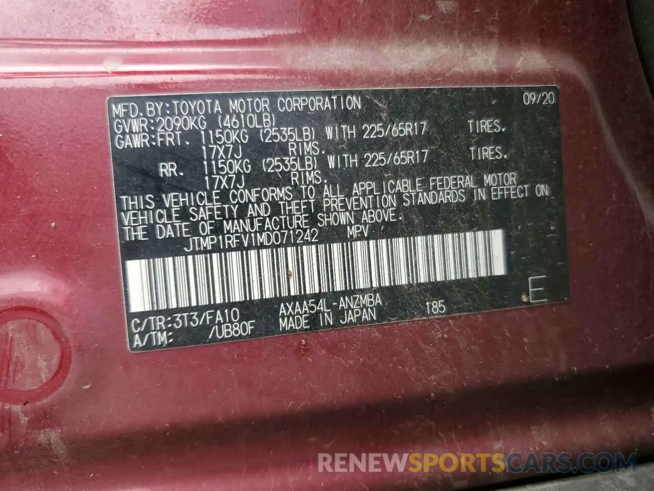 13 Photograph of a damaged car JTMP1RFV1MD071242 TOYOTA RAV4 2021