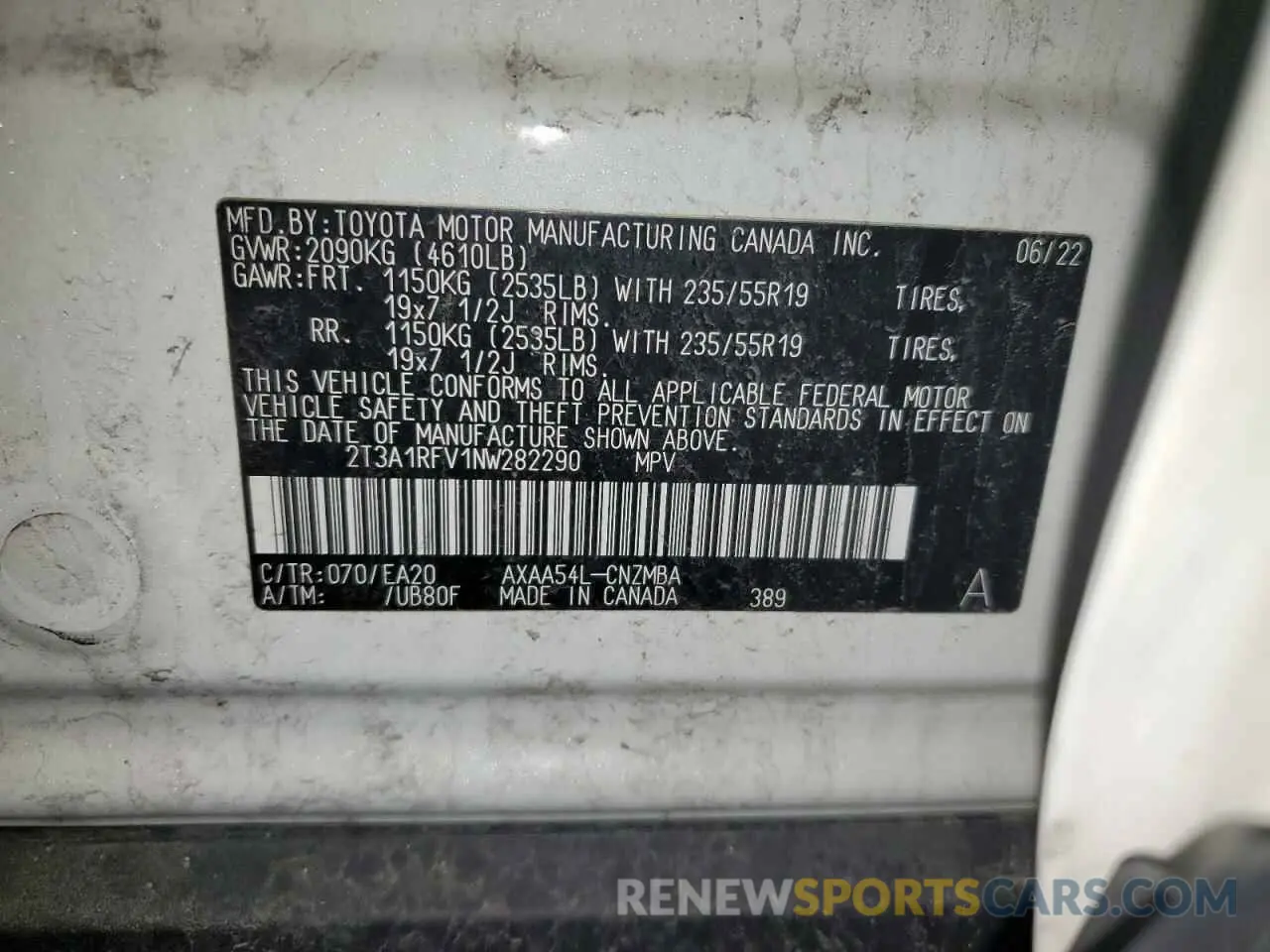 13 Photograph of a damaged car 2T3A1RFV1NW282290 TOYOTA RAV4 2022