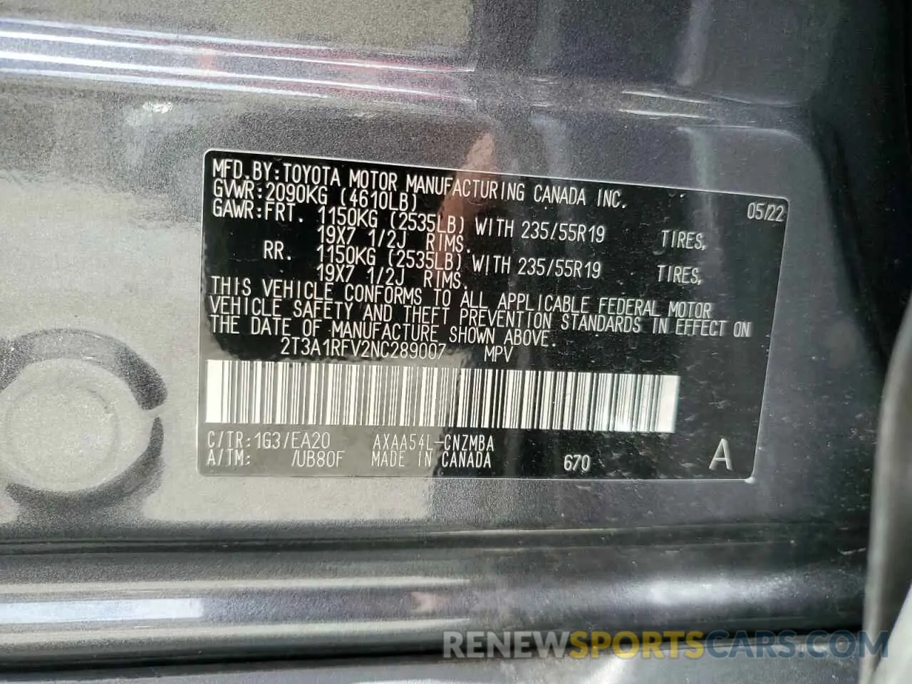 13 Photograph of a damaged car 2T3A1RFV2NC289007 TOYOTA RAV4 2022