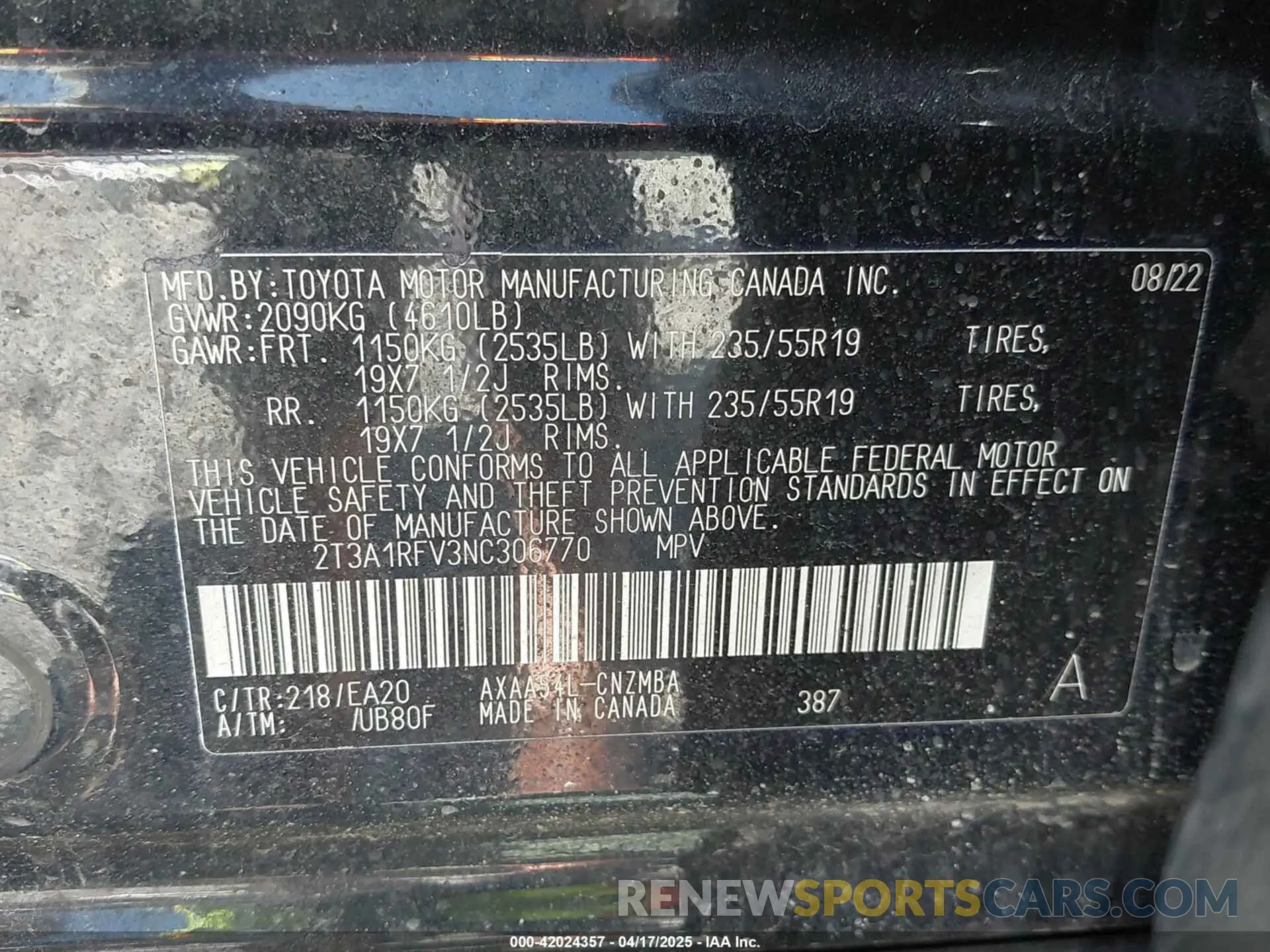 9 Фотография поврежденного автомобиля 2T3A1RFV3NC306770 TOYOTA RAV4 2022