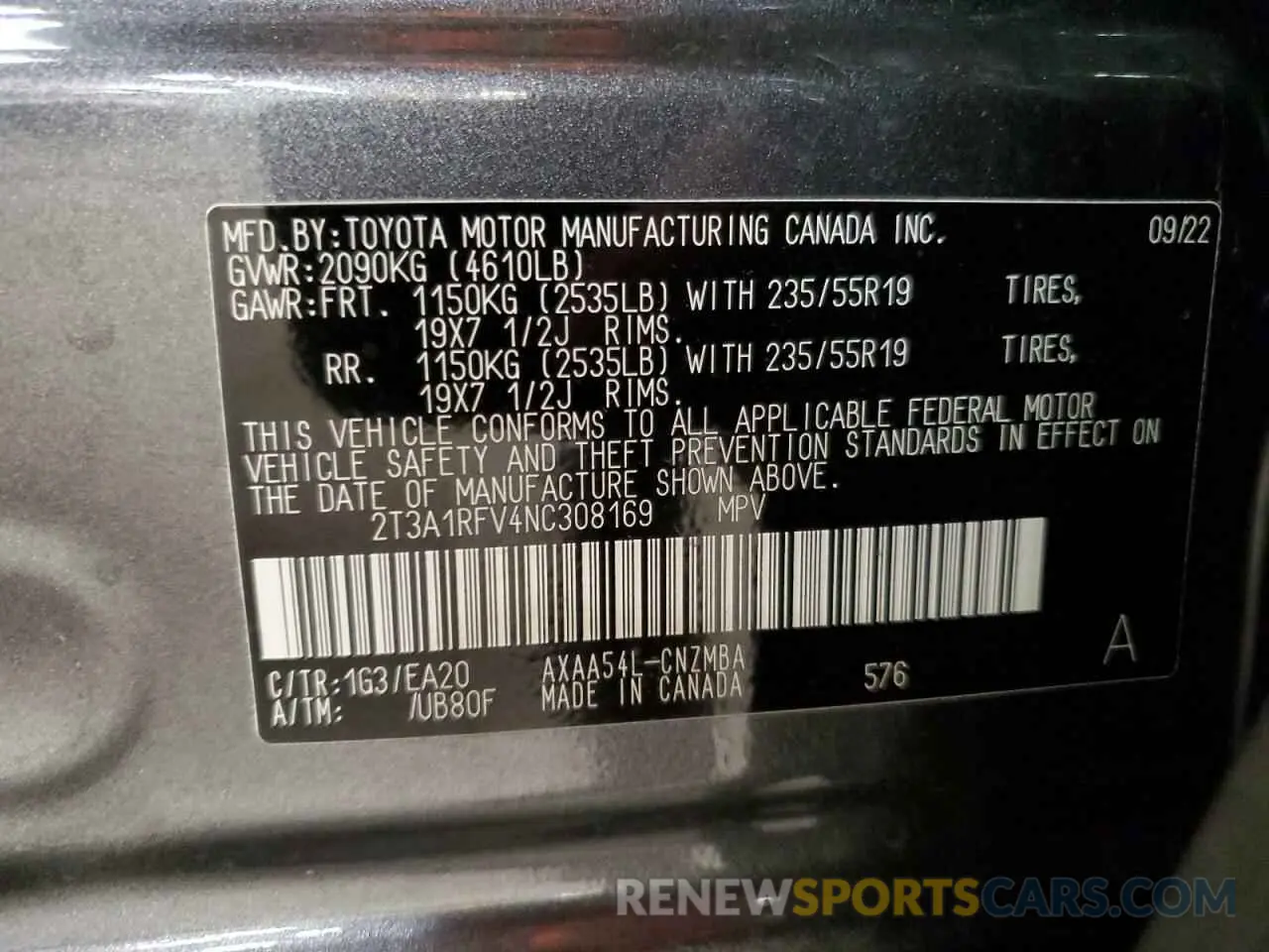 13 Photograph of a damaged car 2T3A1RFV4NC308169 TOYOTA RAV4 2022