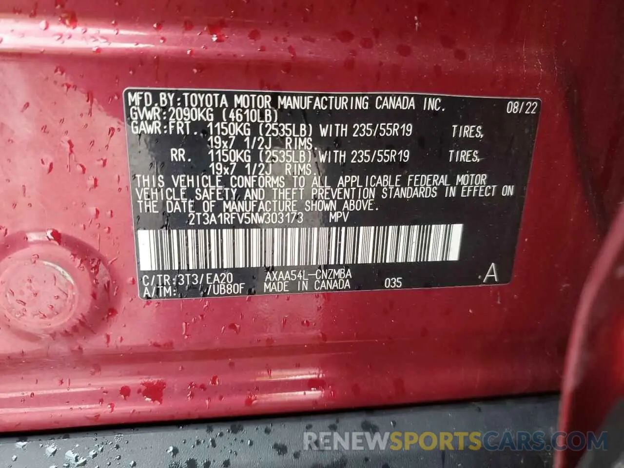 14 Photograph of a damaged car 2T3A1RFV5NW303173 TOYOTA RAV4 2022