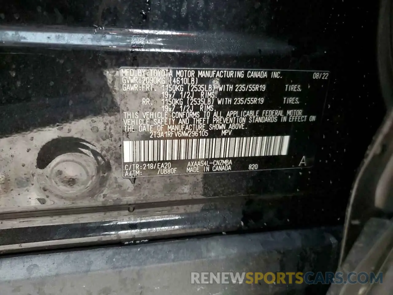 13 Photograph of a damaged car 2T3A1RFV6NW296105 TOYOTA RAV4 2022