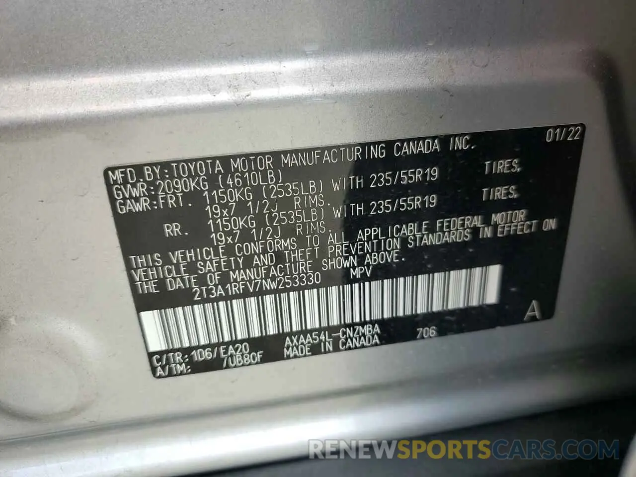14 Фотография поврежденного автомобиля 2T3A1RFV7NW253330 TOYOTA RAV4 2022