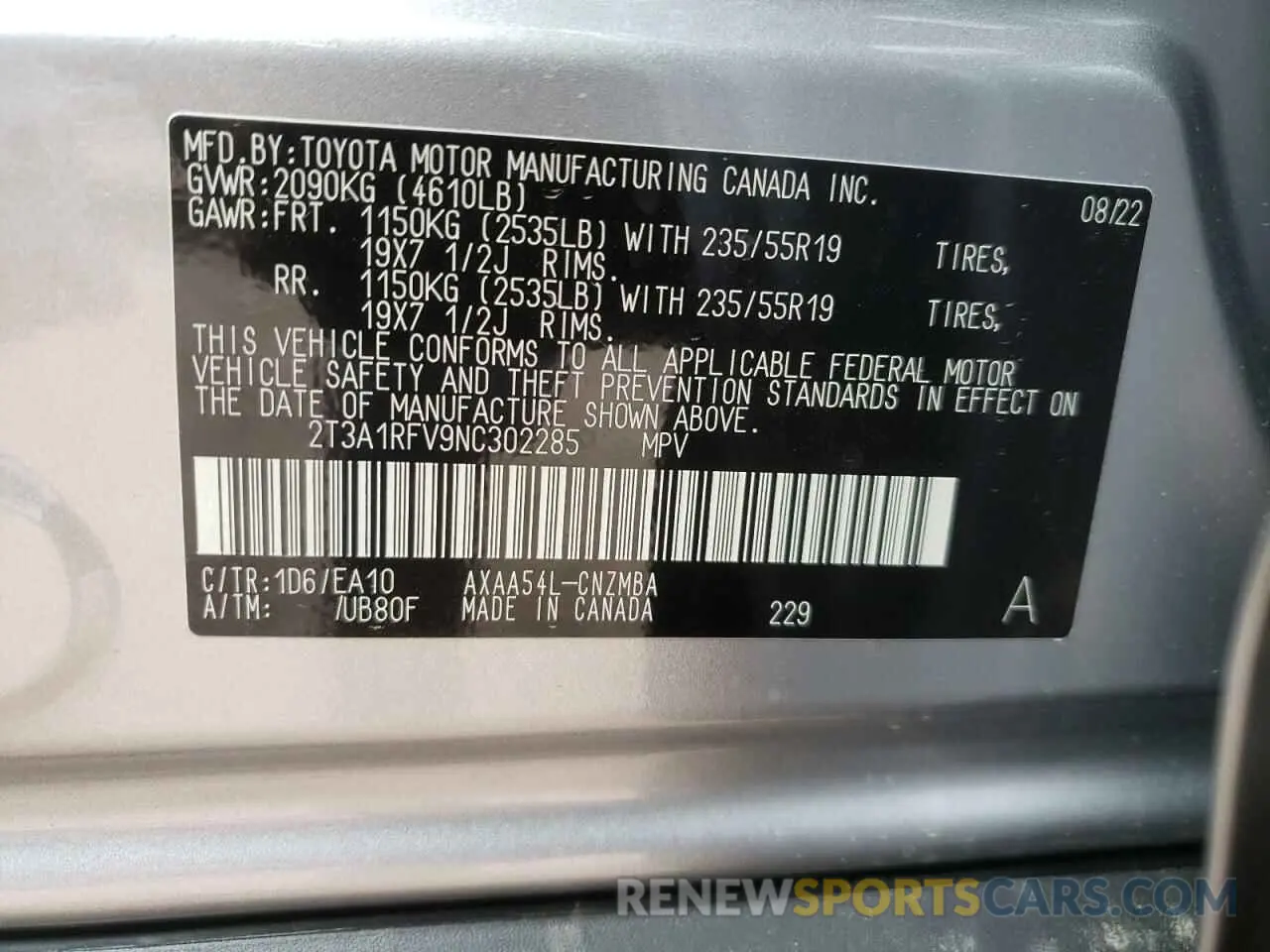 10 Фотография поврежденного автомобиля 2T3A1RFV9NC302285 TOYOTA RAV4 2022
