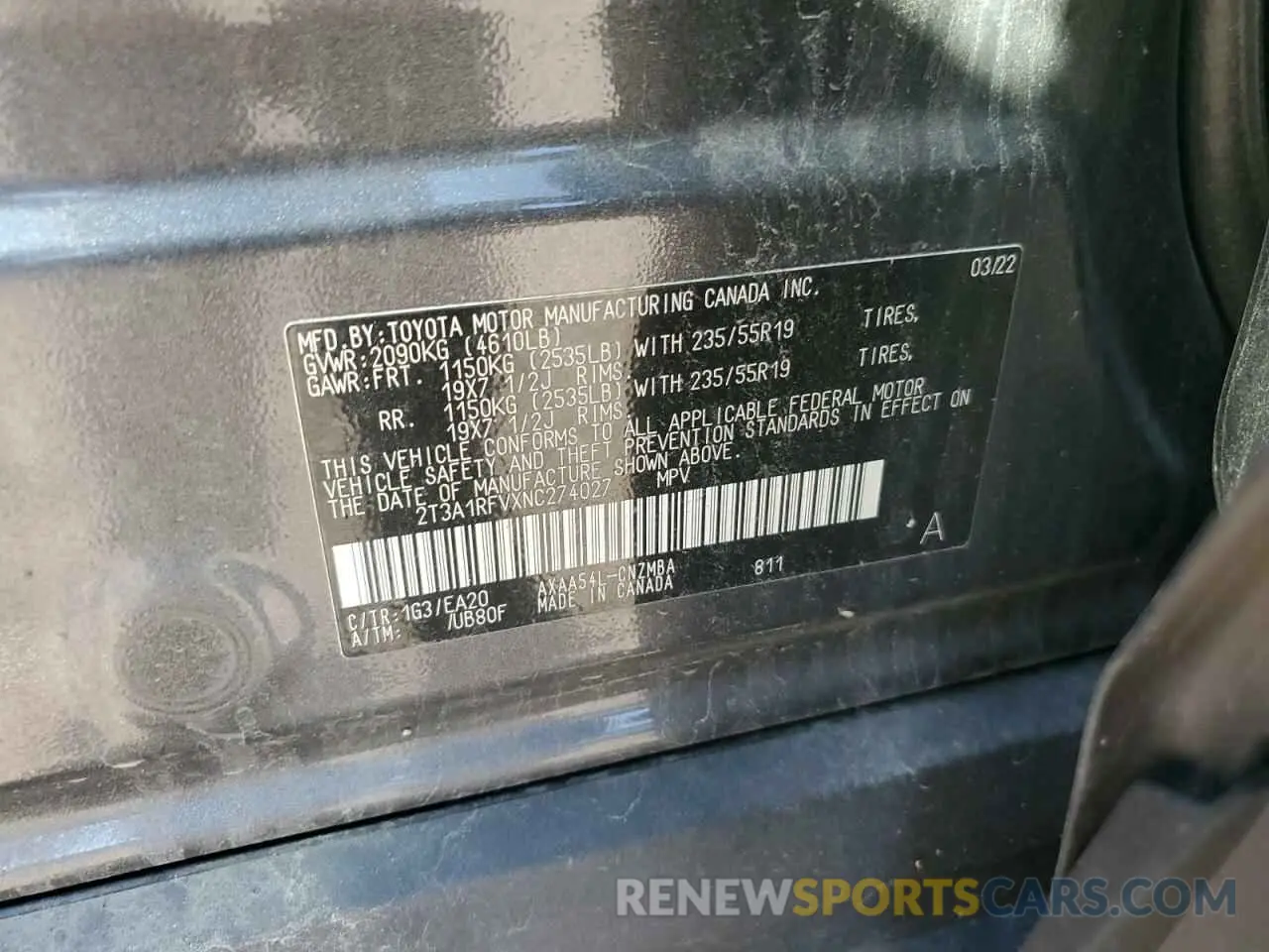12 Фотография поврежденного автомобиля 2T3A1RFVXNC274027 TOYOTA RAV4 2022