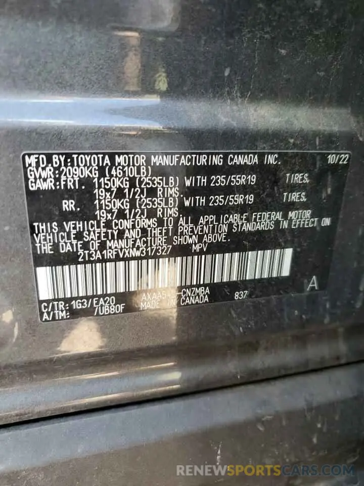 12 Photograph of a damaged car 2T3A1RFVXNW317327 TOYOTA RAV4 2022
