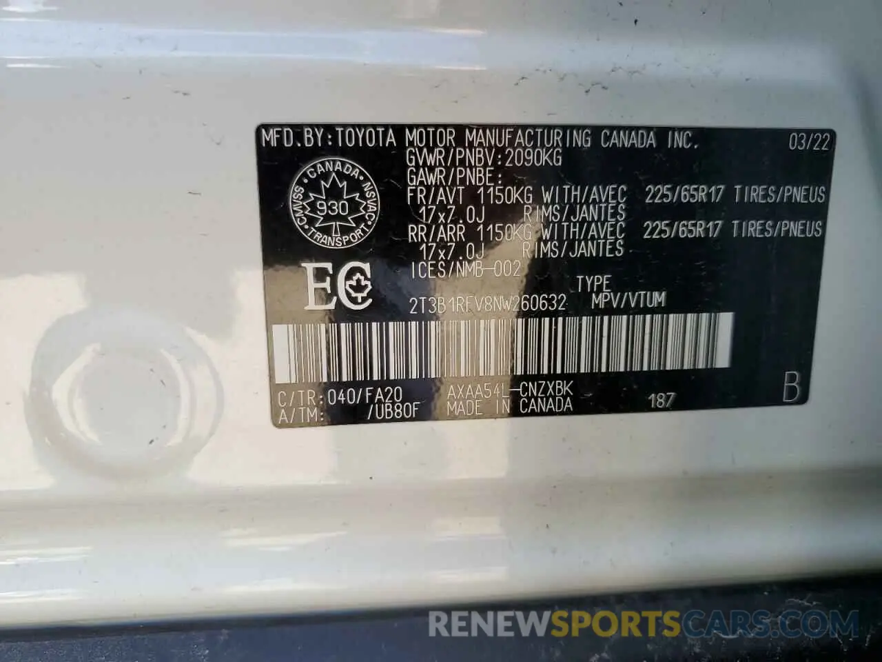 14 Photograph of a damaged car 2T3B1RFV8NW260632 TOYOTA RAV4 2022